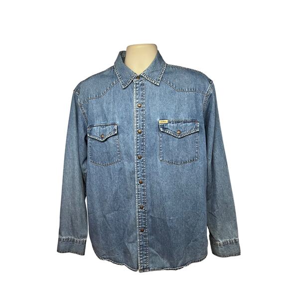 Levi Strauss Sawtooth Western Blue Denim Snap Front Shirt Large Flap Pockets - Picture 1 of 7